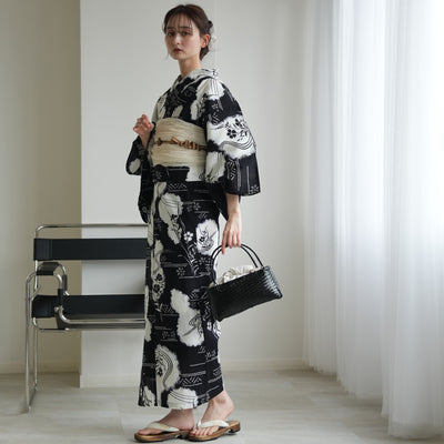 【セパレート高級変わり織 二部式浴衣3点セット ( ゆかた上下・帯・下駄 )濃紺に撫子瓢箪】フリーサイズ  国産生地 国内染色 昭和初期アンティーク復刻版 （5016276411）