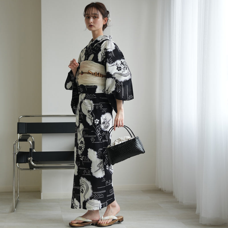 【セパレート高級変わり織 二部式浴衣3点セット ( ゆかた上下・帯・下駄 )濃紺に撫子瓢箪】フリーサイズ  国産生地 国内染色 昭和初期アンティーク復刻版 （5016276411）