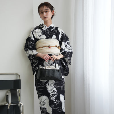 【セパレート高級変わり織 二部式浴衣3点セット ( ゆかた上下・帯・下駄 )濃紺に撫子瓢箪】フリーサイズ  国産生地 国内染色 昭和初期アンティーク復刻版 （5016276411）