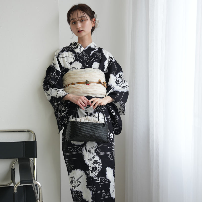 【セパレート高級変わり織 二部式浴衣3点セット ( ゆかた上下・帯・下駄 )濃紺に撫子瓢箪】フリーサイズ  国産生地 国内染色 昭和初期アンティーク復刻版 （5016276411）