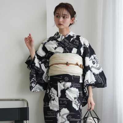 【セパレート高級変わり織 二部式浴衣3点セット ( ゆかた上下・帯・下駄 )濃紺に撫子瓢箪】フリーサイズ  国産生地 国内染色 昭和初期アンティーク復刻版 （5016276411）