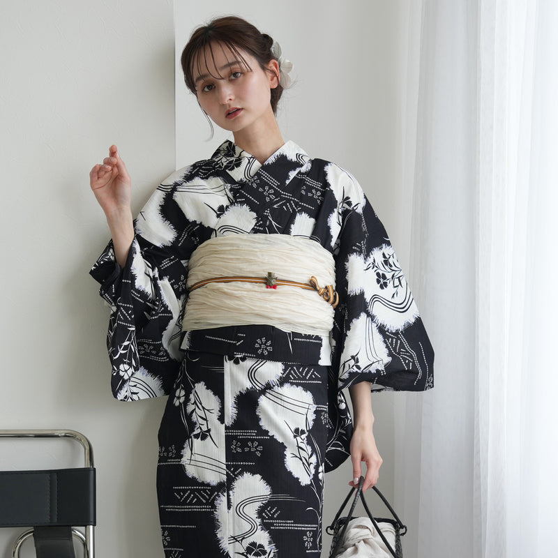 【セパレート高級変わり織 二部式浴衣3点セット ( ゆかた上下・帯・下駄 )濃紺に撫子瓢箪】フリーサイズ  国産生地 国内染色 昭和初期アンティーク復刻版 （5016276411）