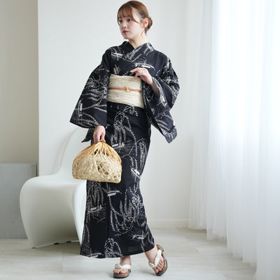 【セパレート高級変わり織 二部式浴衣3点セット ( ゆかた上下・帯・下駄 )濃紺地にしだれ柳と小舟】フリーサイズ  国産生地 国内染色 昭和初期アンティーク復刻版 （5016276611）