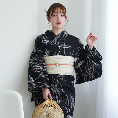 【セパレート高級変わり織 二部式浴衣3点セット ( ゆかた上下・帯・下駄 )濃紺地にしだれ柳と小舟】フリーサイズ  国産生地 国内染色 昭和初期アンティーク復刻版 （5016276611）