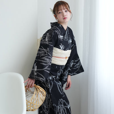 【セパレート高級変わり織 二部式浴衣3点セット ( ゆかた上下・帯・下駄 )濃紺地にしだれ柳と小舟】フリーサイズ  国産生地 国内染色 昭和初期アンティーク復刻版 （5016276611）