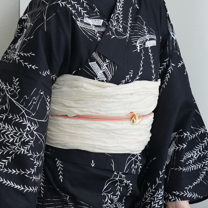 【セパレート高級変わり織 二部式浴衣3点セット ( ゆかた上下・帯・下駄 )濃紺地にしだれ柳と小舟】フリーサイズ  国産生地 国内染色 昭和初期アンティーク復刻版 （5016276611）