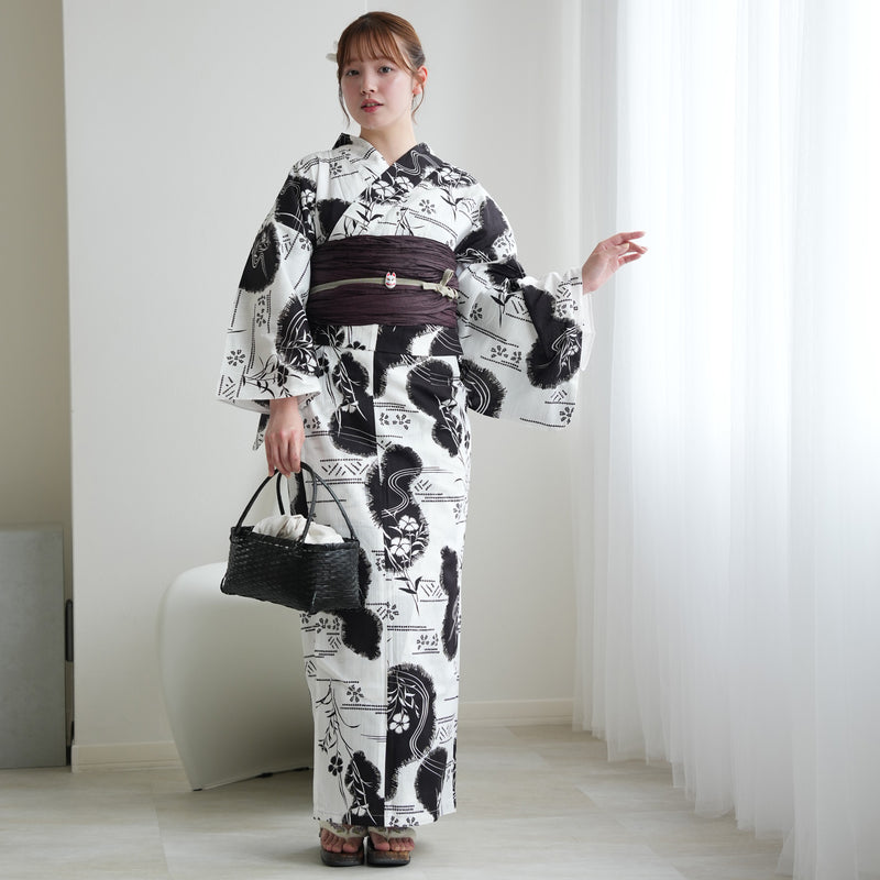 【セパレート高級変わり織 二部式浴衣3点セット ( ゆかた上下・帯・下駄 )白地に撫子瓢箪】フリーサイズ  国産生地 国内染色 昭和初期アンティーク復刻版 （5016276711）