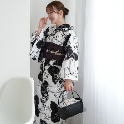 【セパレート高級変わり織 二部式浴衣3点セット ( ゆかた上下・帯・下駄 )白地に撫子瓢箪】フリーサイズ  国産生地 国内染色 昭和初期アンティーク復刻版 （5016276711）