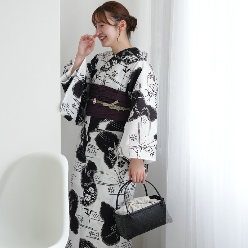 【セパレート高級変わり織 二部式浴衣3点セット ( ゆかた上下・帯・下駄 )白地に撫子瓢箪】フリーサイズ  国産生地 国内染色 昭和初期アンティーク復刻版 （5016276711）