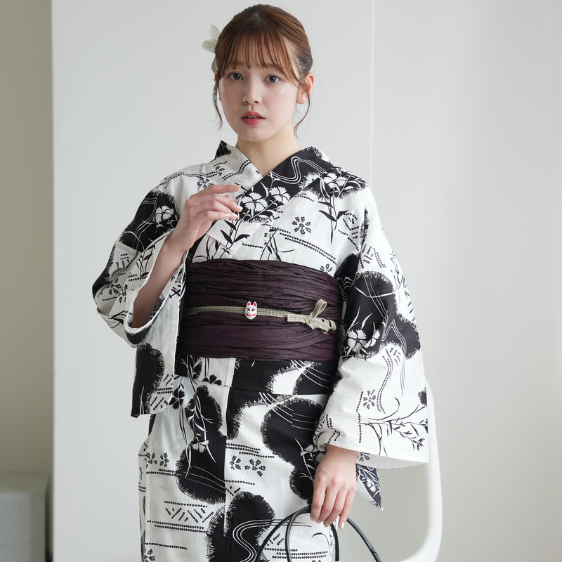 【セパレート高級変わり織 二部式浴衣3点セット ( ゆかた上下・帯・下駄 )白地に撫子瓢箪】フリーサイズ  国産生地 国内染色 昭和初期アンティーク復刻版 （5016276711）