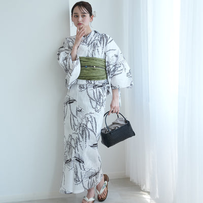 【セパレート高級変わり織 二部式浴衣3点セット ( ゆかた上下・帯・下駄 )白地にしだれ柳と小舟】フリーサイズ  国産生地 国内染色 昭和初期アンティーク復刻版 （5016276911）