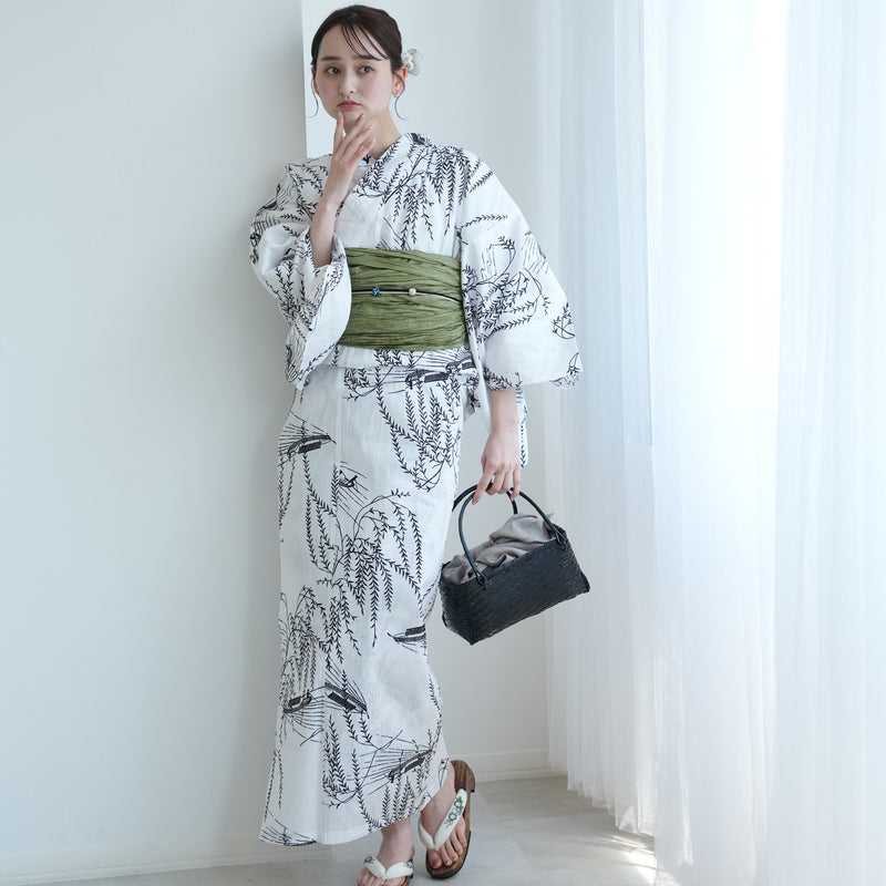 【セパレート高級変わり織 二部式浴衣3点セット ( ゆかた上下・帯・下駄 )白地にしだれ柳と小舟】フリーサイズ  国産生地 国内染色 昭和初期アンティーク復刻版 （5016276911）