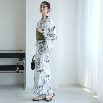 【セパレート高級変わり織 二部式浴衣3点セット ( ゆかた上下・帯・下駄 )白地にしだれ柳と小舟】フリーサイズ  国産生地 国内染色 昭和初期アンティーク復刻版 （5016276911）