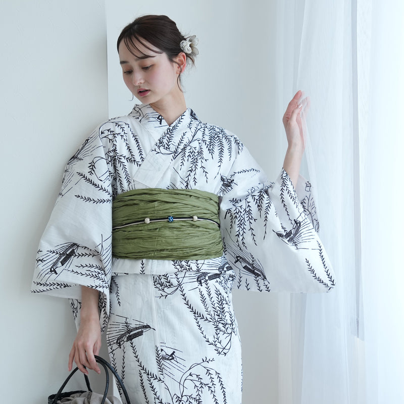 【セパレート高級変わり織 二部式浴衣3点セット ( ゆかた上下・帯・下駄 )白地にしだれ柳と小舟】フリーサイズ  国産生地 国内染色 昭和初期アンティーク復刻版 （5016276911）