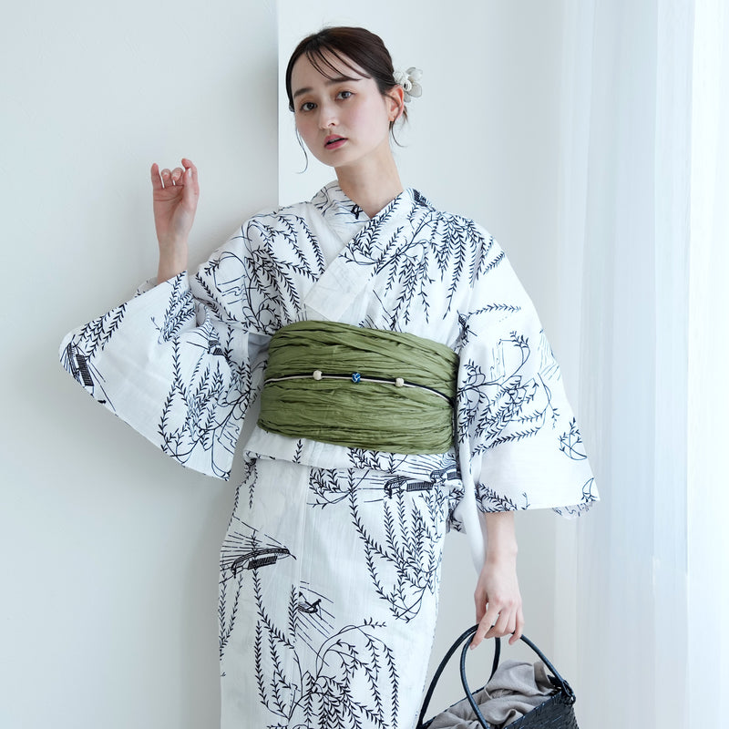 【セパレート高級変わり織 二部式浴衣3点セット ( ゆかた上下・帯・下駄 )白地にしだれ柳と小舟】フリーサイズ  国産生地 国内染色 昭和初期アンティーク復刻版 （5016276911）