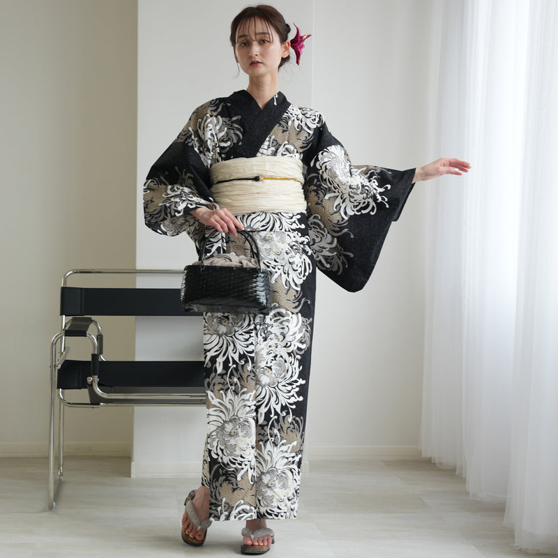 【セパレート高級変わり織 二部式浴衣3点セット ( ゆかた上下・帯・下駄 )ブラックに乱菊重ね】フリーサイズ  国産生地 国内染色 昭和初期アンティーク復刻版 （5016277111）