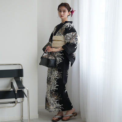 【セパレート高級変わり織 二部式浴衣3点セット ( ゆかた上下・帯・下駄 )ブラックに乱菊重ね】フリーサイズ  国産生地 国内染色 昭和初期アンティーク復刻版 （5016277111）