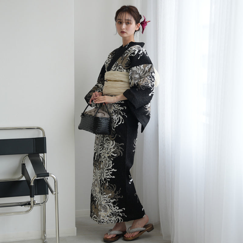 【セパレート高級変わり織 二部式浴衣3点セット ( ゆかた上下・帯・下駄 )ブラックに乱菊重ね】フリーサイズ  国産生地 国内染色 昭和初期アンティーク復刻版 （5016277111）