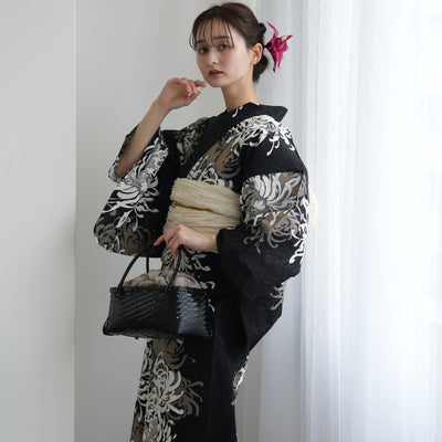 【セパレート高級変わり織 二部式浴衣3点セット ( ゆかた上下・帯・下駄 )ブラックに乱菊重ね】フリーサイズ  国産生地 国内染色 昭和初期アンティーク復刻版 （5016277111）