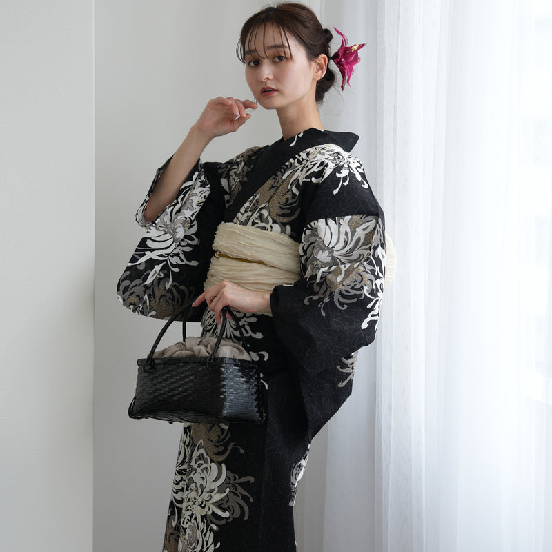 【セパレート高級変わり織 二部式浴衣3点セット ( ゆかた上下・帯・下駄 )ブラックに乱菊重ね】フリーサイズ  国産生地 国内染色 昭和初期アンティーク復刻版 （5016277111）