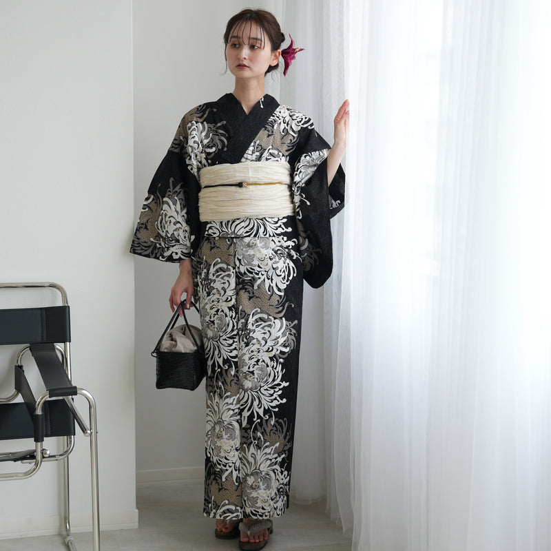 【セパレート高級変わり織 二部式浴衣3点セット ( ゆかた上下・帯・下駄 )ブラックに乱菊重ね】フリーサイズ  国産生地 国内染色 昭和初期アンティーク復刻版 （5016277111）