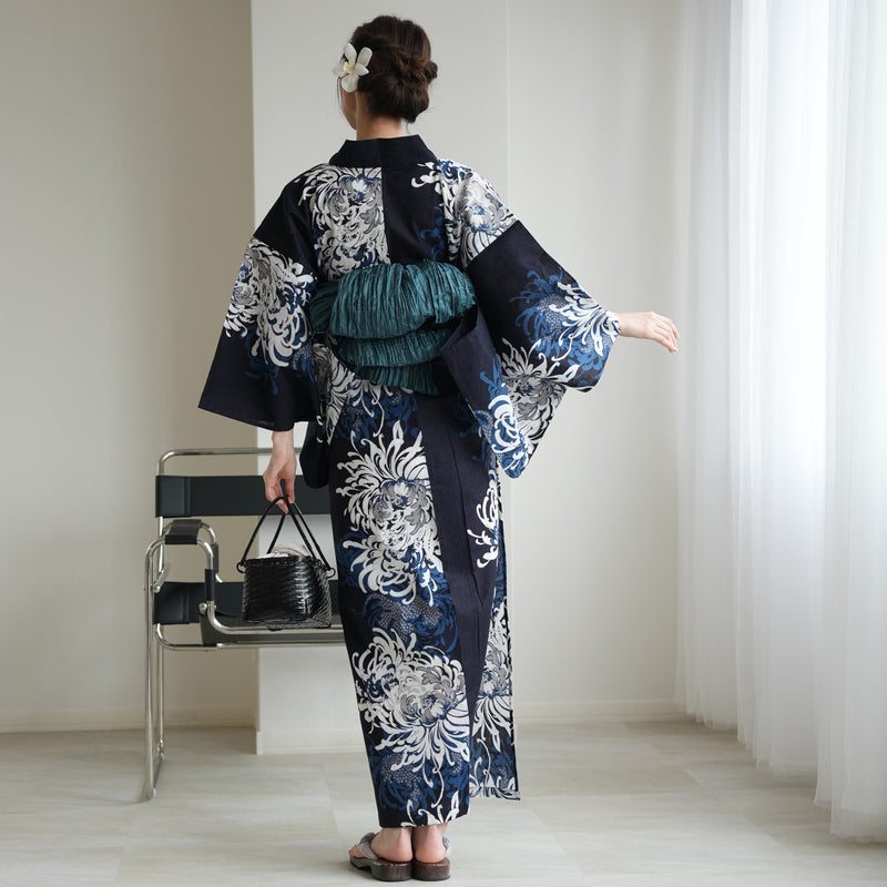 【セパレート高級変わり織 二部式浴衣3点セット ( ゆかた上下・帯・下駄 )ネイビーに乱菊重ね】フリーサイズ  国産生地 国内染色 昭和初期アンティーク復刻版 （5016277511）