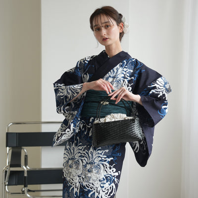 【セパレート高級変わり織 二部式浴衣3点セット ( ゆかた上下・帯・下駄 )ネイビーに乱菊重ね】フリーサイズ  国産生地 国内染色 昭和初期アンティーク復刻版 （5016277511）