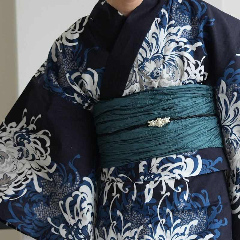 【セパレート高級変わり織 二部式浴衣3点セット ( ゆかた上下・帯・下駄 )ネイビーに乱菊重ね】フリーサイズ  国産生地 国内染色 昭和初期アンティーク復刻版 （5016277511）