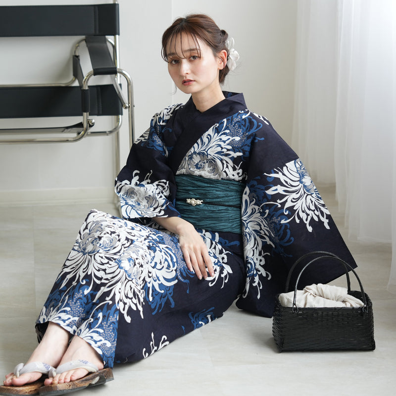 【セパレート高級変わり織 二部式浴衣3点セット ( ゆかた上下・帯・下駄 )ネイビーに乱菊重ね】フリーサイズ  国産生地 国内染色 昭和初期アンティーク復刻版 （5016277511）