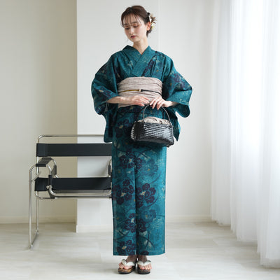 【セパレート高級変わり織 二部式浴衣3点セット ( ゆかた上下・帯・下駄 )ピーコックに牡丹の絞り柄】フリーサイズ  国産生地 国内染色 昭和初期アンティーク復刻版 （5016277711）