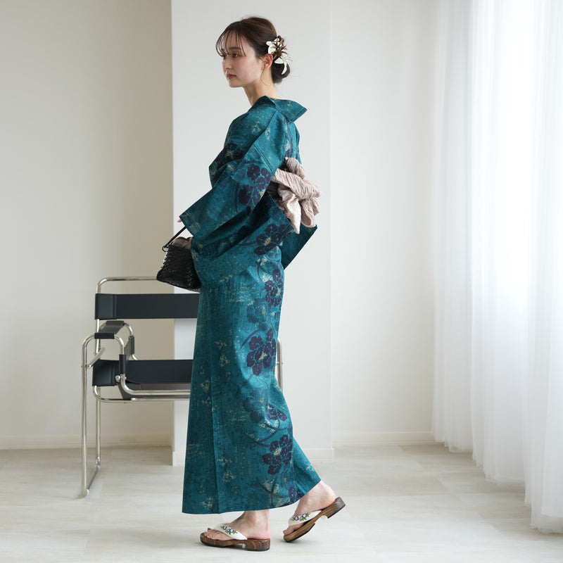 【セパレート高級変わり織 二部式浴衣3点セット ( ゆかた上下・帯・下駄 )ピーコックに牡丹の絞り柄】フリーサイズ  国産生地 国内染色 昭和初期アンティーク復刻版 （5016277711）