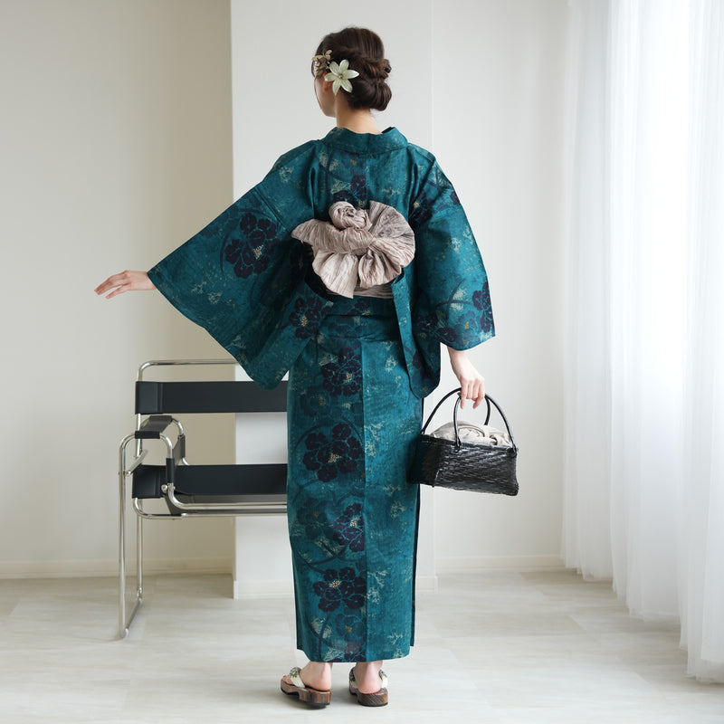 【セパレート高級変わり織 二部式浴衣3点セット ( ゆかた上下・帯・下駄 )ピーコックに牡丹の絞り柄】フリーサイズ  国産生地 国内染色 昭和初期アンティーク復刻版 （5016277711）