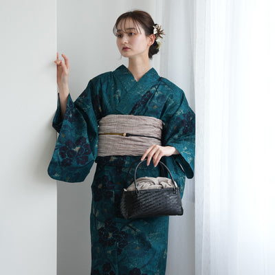 【セパレート高級変わり織 二部式浴衣3点セット ( ゆかた上下・帯・下駄 )ピーコックに牡丹の絞り柄】フリーサイズ  国産生地 国内染色 昭和初期アンティーク復刻版 （5016277711）