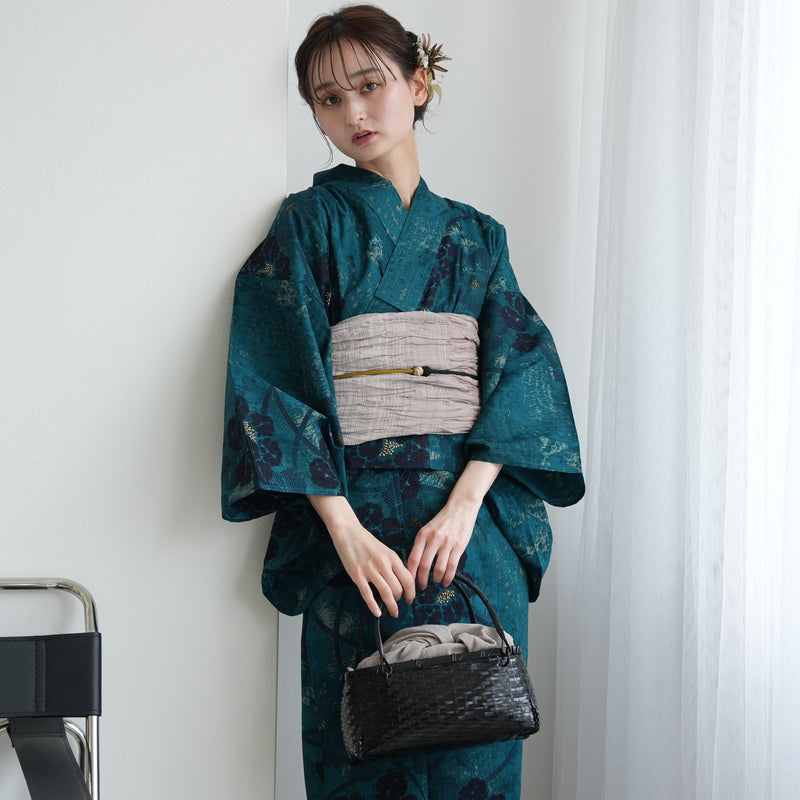 【セパレート高級変わり織 二部式浴衣3点セット ( ゆかた上下・帯・下駄 )ピーコックに牡丹の絞り柄】フリーサイズ  国産生地 国内染色 昭和初期アンティーク復刻版 （5016277711）