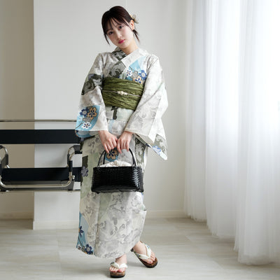【セパレート高級変わり織 二部式浴衣3点セット ( ゆかた上下・帯・下駄 )ラムネ色の扇面と儚い花】フリーサイズ  国産生地 国内染色 昭和初期アンティーク復刻版 （5016278011）