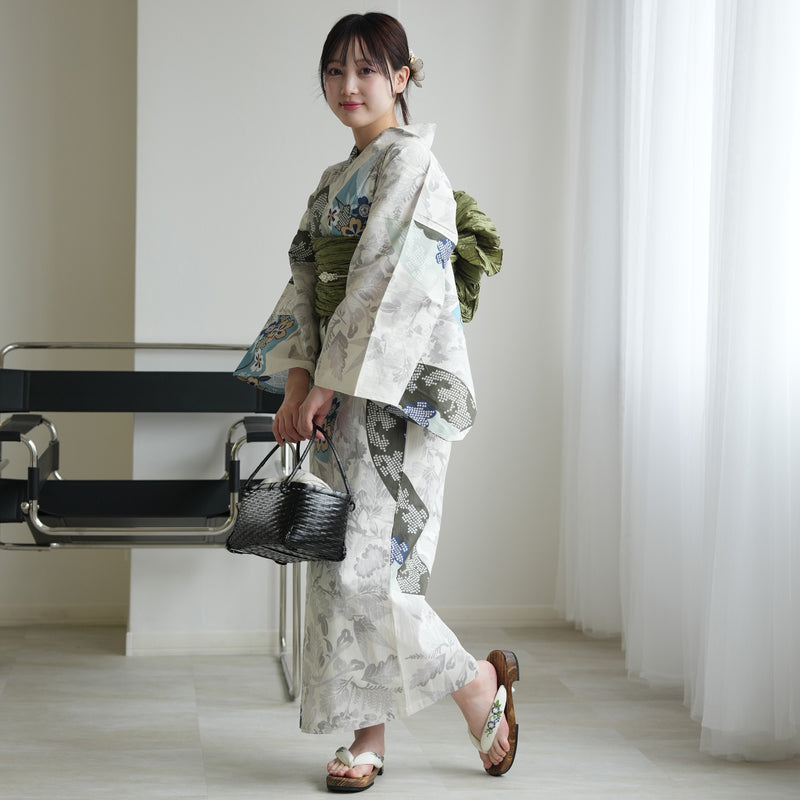 【セパレート高級変わり織 二部式浴衣3点セット ( ゆかた上下・帯・下駄 )ラムネ色の扇面と儚い花】フリーサイズ  国産生地 国内染色 昭和初期アンティーク復刻版 （5016278011）