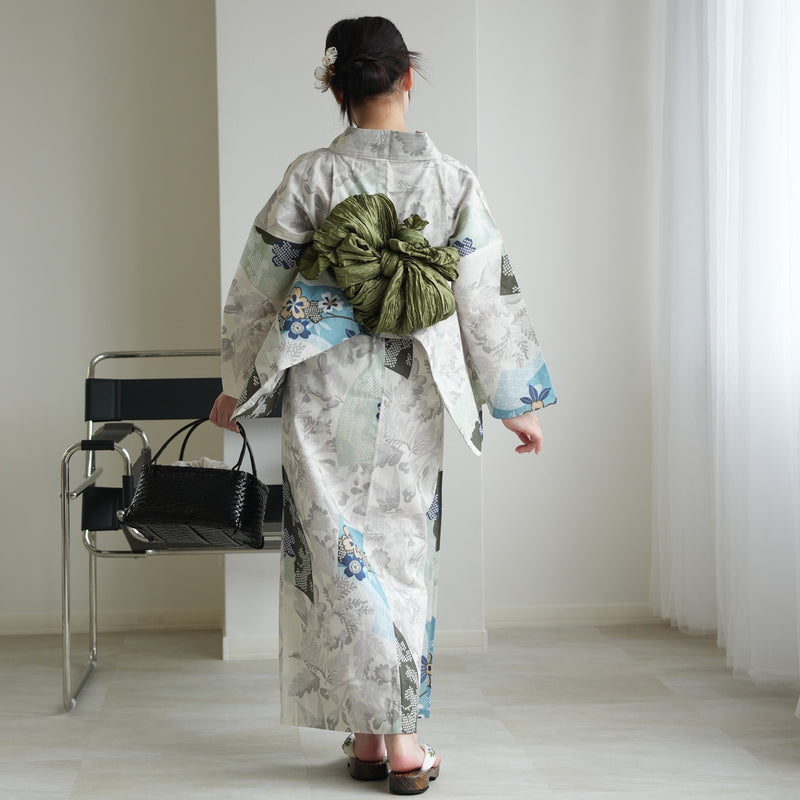 【セパレート高級変わり織 二部式浴衣3点セット ( ゆかた上下・帯・下駄 )ラムネ色の扇面と儚い花】フリーサイズ  国産生地 国内染色 昭和初期アンティーク復刻版 （5016278011）