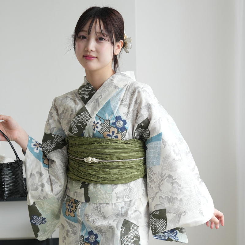 【セパレート高級変わり織 二部式浴衣3点セット ( ゆかた上下・帯・下駄 )ラムネ色の扇面と儚い花】フリーサイズ  国産生地 国内染色 昭和初期アンティーク復刻版 （5016278011）