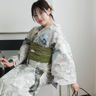 【セパレート高級変わり織 二部式浴衣3点セット ( ゆかた上下・帯・下駄 )ラムネ色の扇面と儚い花】フリーサイズ  国産生地 国内染色 昭和初期アンティーク復刻版 （5016278011）