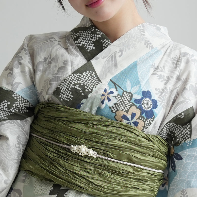 【セパレート高級変わり織 二部式浴衣3点セット ( ゆかた上下・帯・下駄 )ラムネ色の扇面と儚い花】フリーサイズ  国産生地 国内染色 昭和初期アンティーク復刻版 （5016278011）