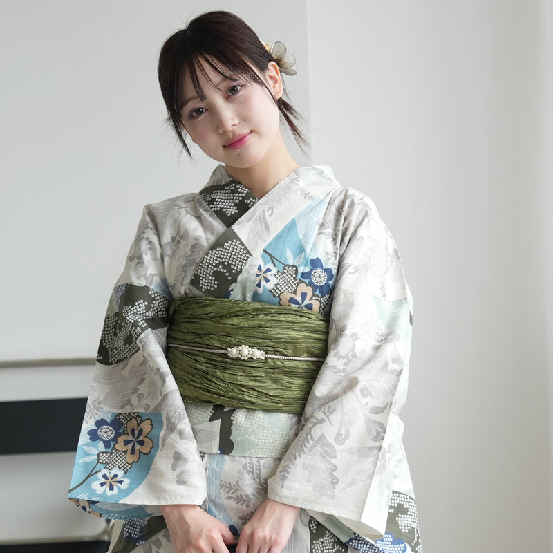 【セパレート高級変わり織 二部式浴衣3点セット ( ゆかた上下・帯・下駄 )ラムネ色の扇面と儚い花】フリーサイズ  国産生地 国内染色 昭和初期アンティーク復刻版 （5016278011）