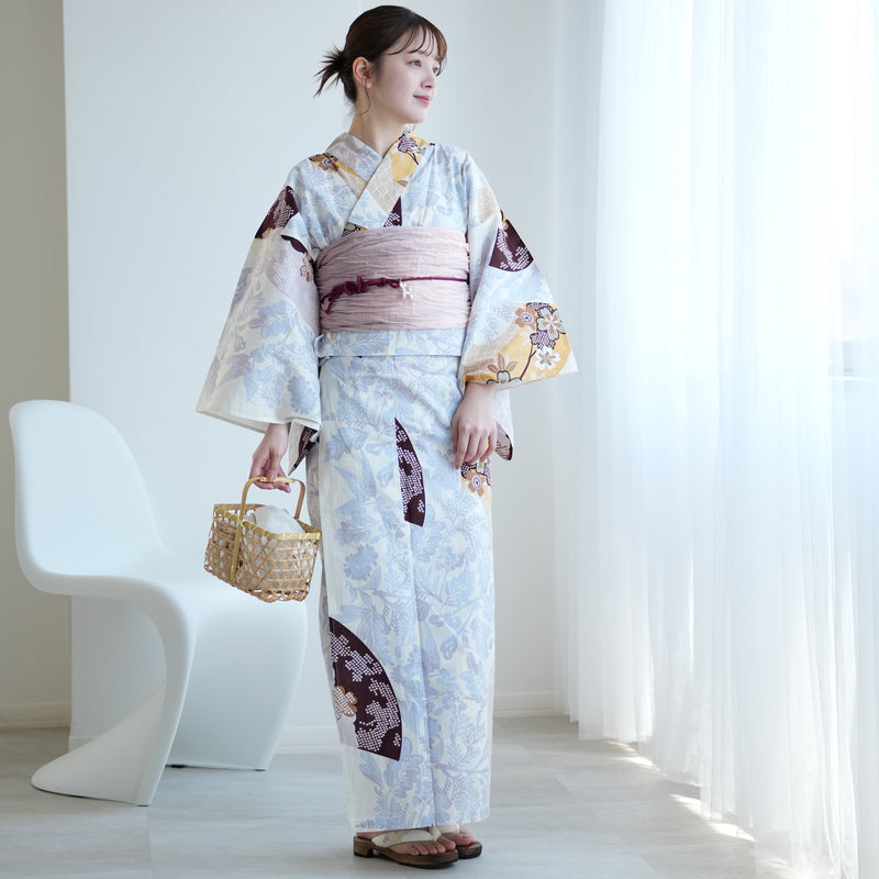 【セパレート高級変わり織 二部式浴衣3点セット ( ゆかた上下・帯・下駄 )山吹色の扇面と儚い花】フリーサイズ  国産生地 国内染色 昭和初期アンティーク復刻版 （5016278411）