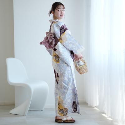 【セパレート高級変わり織 二部式浴衣3点セット ( ゆかた上下・帯・下駄 )山吹色の扇面と儚い花】フリーサイズ  国産生地 国内染色 昭和初期アンティーク復刻版 （5016278411）