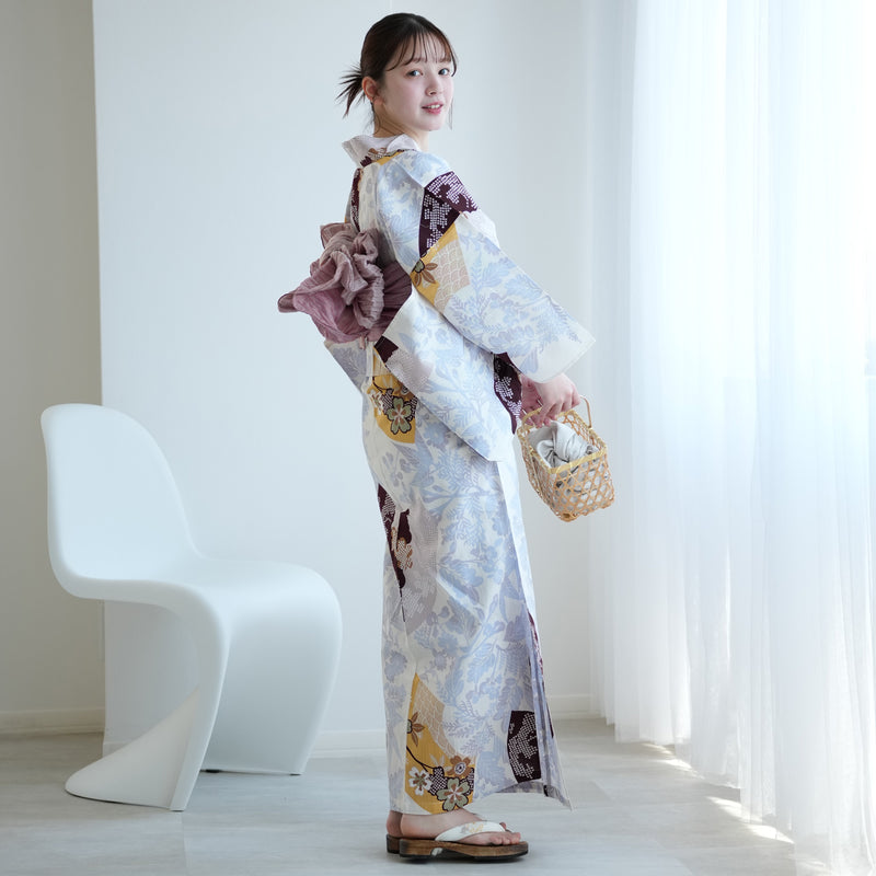 【セパレート高級変わり織 二部式浴衣3点セット ( ゆかた上下・帯・下駄 )山吹色の扇面と儚い花】フリーサイズ  国産生地 国内染色 昭和初期アンティーク復刻版 （5016278411）