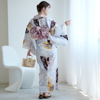 【セパレート高級変わり織 二部式浴衣3点セット ( ゆかた上下・帯・下駄 )山吹色の扇面と儚い花】フリーサイズ  国産生地 国内染色 昭和初期アンティーク復刻版 （5016278411）