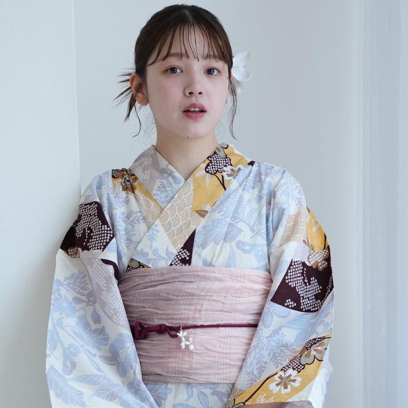 【セパレート高級変わり織 二部式浴衣3点セット ( ゆかた上下・帯・下駄 )山吹色の扇面と儚い花】フリーサイズ  国産生地 国内染色 昭和初期アンティーク復刻版 （5016278411）