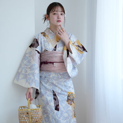 【セパレート高級変わり織 二部式浴衣3点セット ( ゆかた上下・帯・下駄 )山吹色の扇面と儚い花】フリーサイズ  国産生地 国内染色 昭和初期アンティーク復刻版 （5016278411）