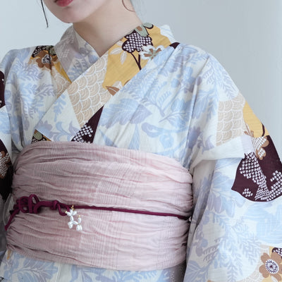 【セパレート高級変わり織 二部式浴衣3点セット ( ゆかた上下・帯・下駄 )山吹色の扇面と儚い花】フリーサイズ  国産生地 国内染色 昭和初期アンティーク復刻版 （5016278411）