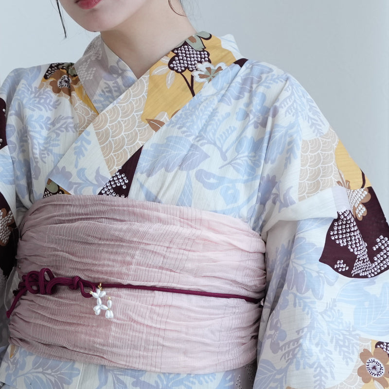 【セパレート高級変わり織 二部式浴衣3点セット ( ゆかた上下・帯・下駄 )山吹色の扇面と儚い花】フリーサイズ  国産生地 国内染色 昭和初期アンティーク復刻版 （5016278411）