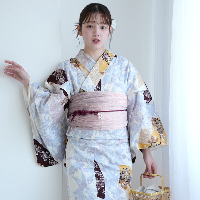 【セパレート高級変わり織 二部式浴衣3点セット ( ゆかた上下・帯・下駄 )山吹色の扇面と儚い花】フリーサイズ  国産生地 国内染色 昭和初期アンティーク復刻版 （5016278411）